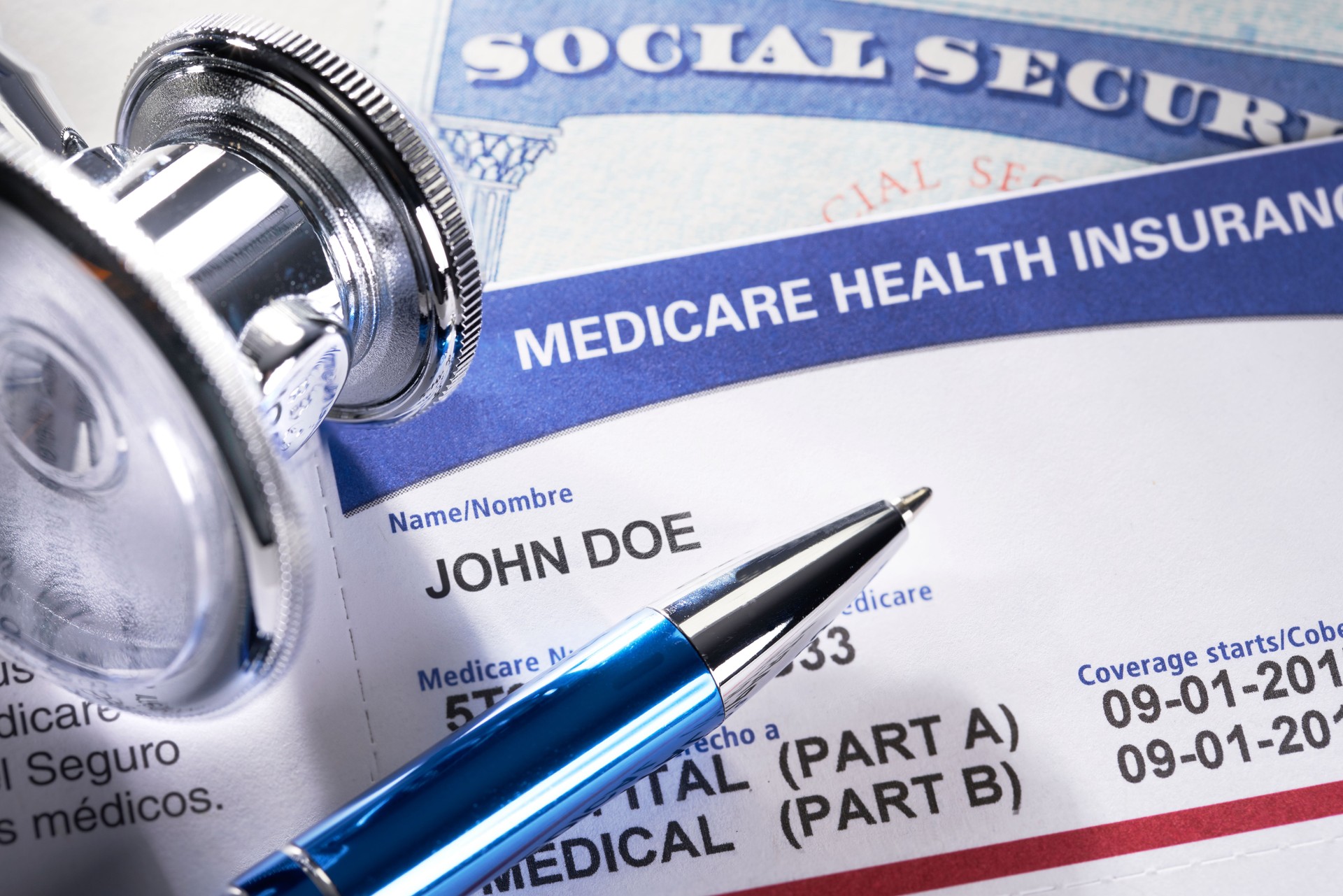 Medicare Health Insurance Card. Social Security Card with Stethoscope